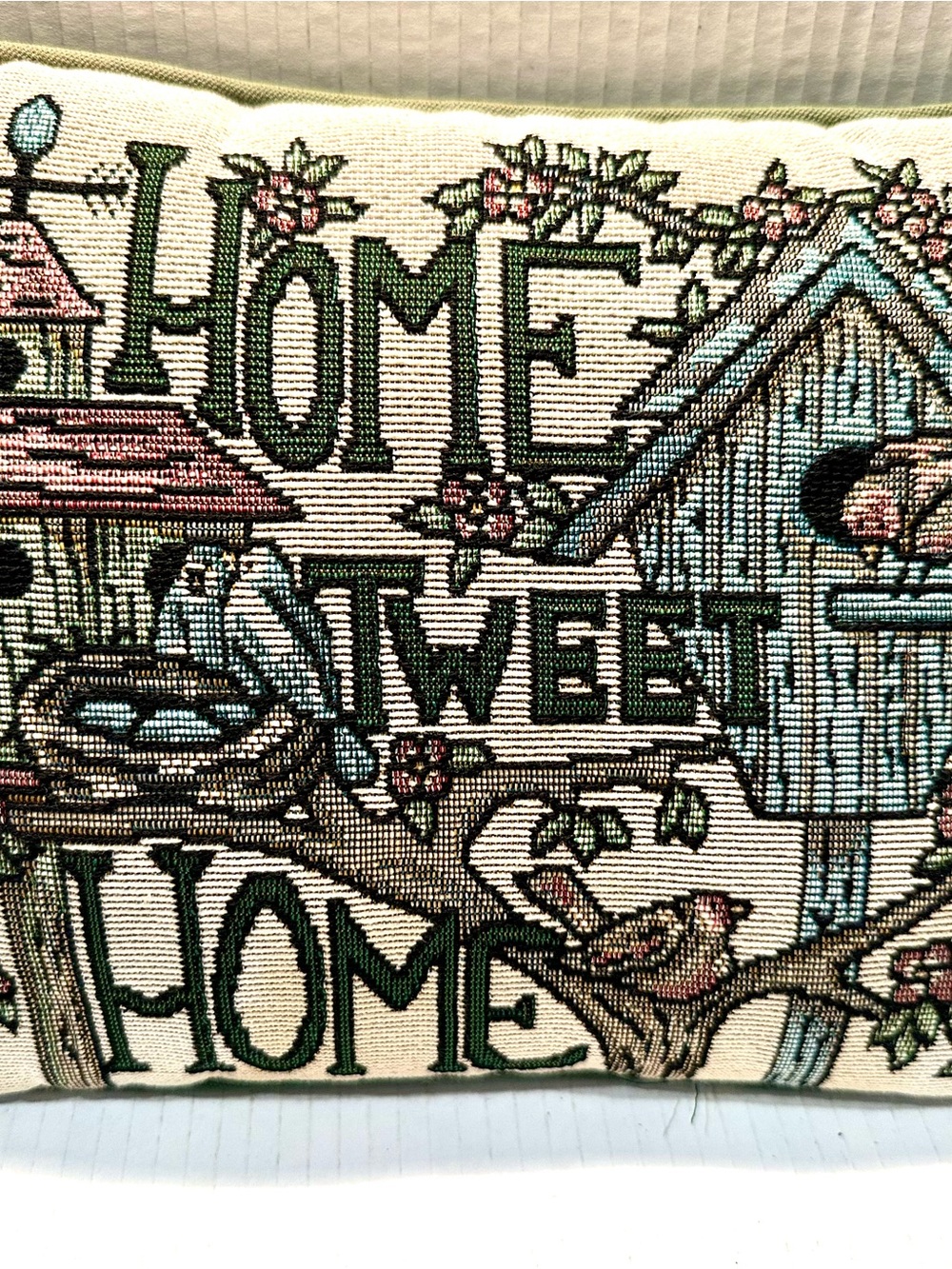 Home Sweet Home Vintage Tapestry Embroidered Decorative Pillow - Green and Cream